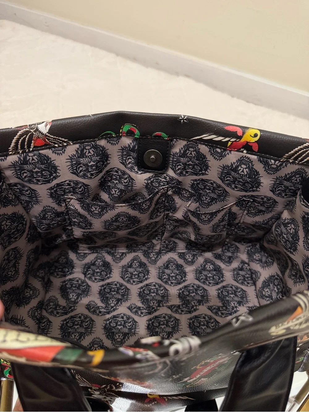 Ed Hardy Black Satchel with Red Heart Tattoo Motif